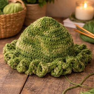 Handmade Crochet Ruffled Sun Hat - Green